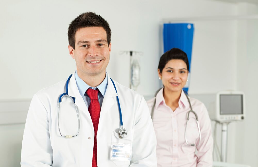 Smiling healthcare professionals ready to assist